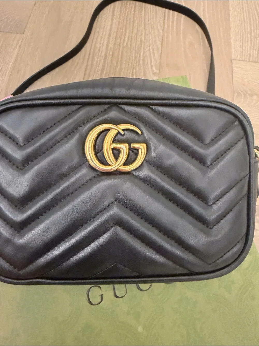 Gucci Black Chevron Quilted Leather Mini Crossbody with Gold GG